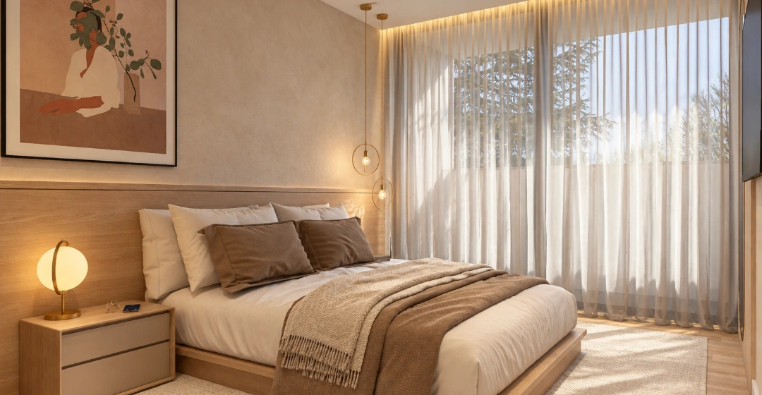Visualização ilustrativa de quarto com madeira e luz natural